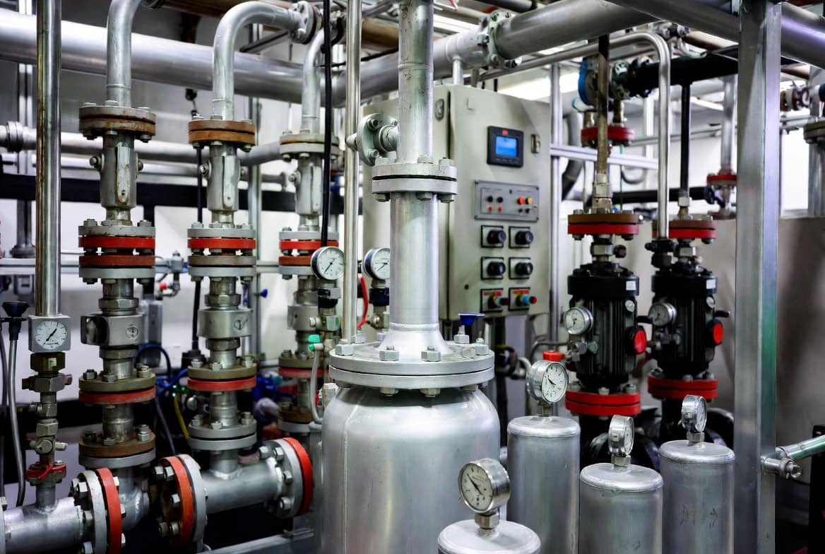 VANCE Oilfield Sewage Treatment Equipment skid-mounted produced water treatment system detail showing oil-water separator vessel, multimedia filtration vessels, chemical dosing system, and PLC control panel at oilfield production facility